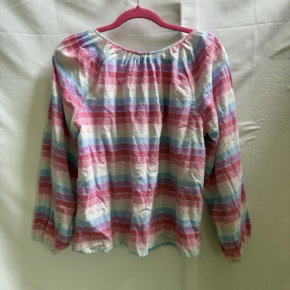 J. Crew Jack Metallic Stripe Peasant Top Tassel Tie Neckline Rainbow M Pastel